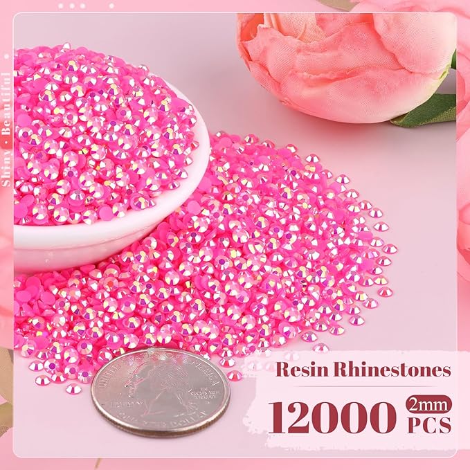 12000PCS 2mm Resin Jelly Rhinestones in Bulk (Hot Pink AB), Bedazzling Flatback Crystals Rhinestones for Crafting DIY Nail Decoration, Gems Diomand Charms for Tumbler Shoes Clothing Fabric