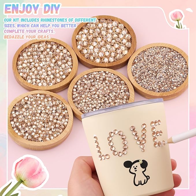 25000Pcs Champagne Rhinestones for Bedazzling with B7000 Jewelry Glue, Non Hotfix Flatback Gems, Crystal Resin Rhinestones for Crafting Crafts Clothing Tumblers Mugs Shoes Fabric Decor Nail Art