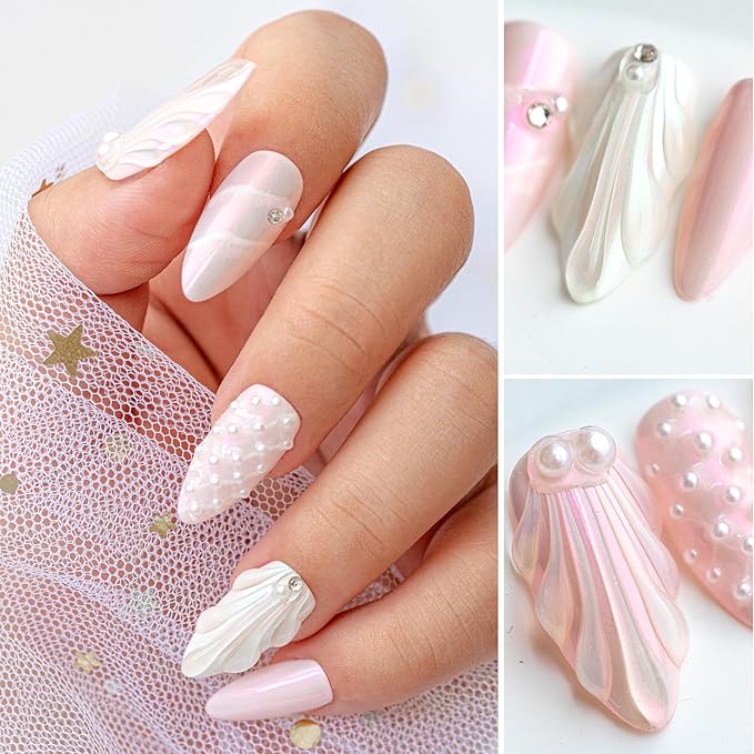 Sun&Beam Nails Handmade Press On Nail Medium Long Almond Oval Pink White Pearl Shell Fake Tip 3D Design Art Charms Cute with Storage Box 10 Pcs (#011 S)