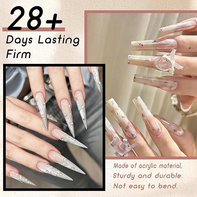 ELLEWIN 480PCS No C Curve Clear Nail Tips, 3XL Extra Long Half Cover Straight and Stiletto Nails for Acrylic Nails Kit, 10 Sizes Soft Gel Fake Nails Extension for Salons and Home DIY Gifts