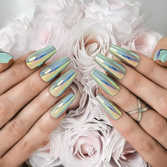 Hypnaughty 24 Pcs Chameleon Chrome Luxury Coffin Medium Long Press On Nails and Glue Reflective Mirror False Nails (Chameleon)