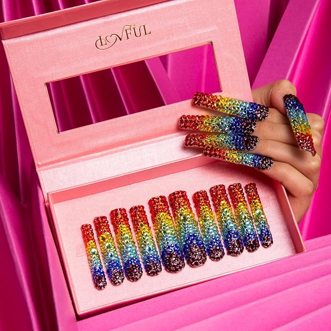 LOVFUL Press on Nails Rainbow | Handmade with Full Covered Crystals | Reusable Fake Nails | Square Long 2.2 in | H90-L
