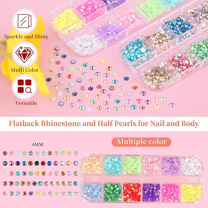 5 Boxes 3000pcs Sparkling Crystal Nail Rhinestones Pearls Kit, Flatback Multicolor Transparent Jelly AB Mermaid Gems with Pick Up Pen and Curved Tweezers for Manicure Salon & Craft DIY Designs (4mm)