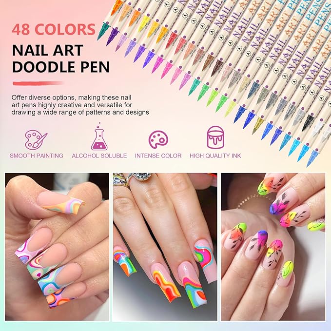 48 Colors Nail Art Pens Set, 3D Nail Polish Pens Quick-Drying Acrylic Paint Markers,For Nail Art Drawing Painting Nail Point Dotting Liner Pen, Nail Design Kit Manicure Tools Home & Salon DIY
