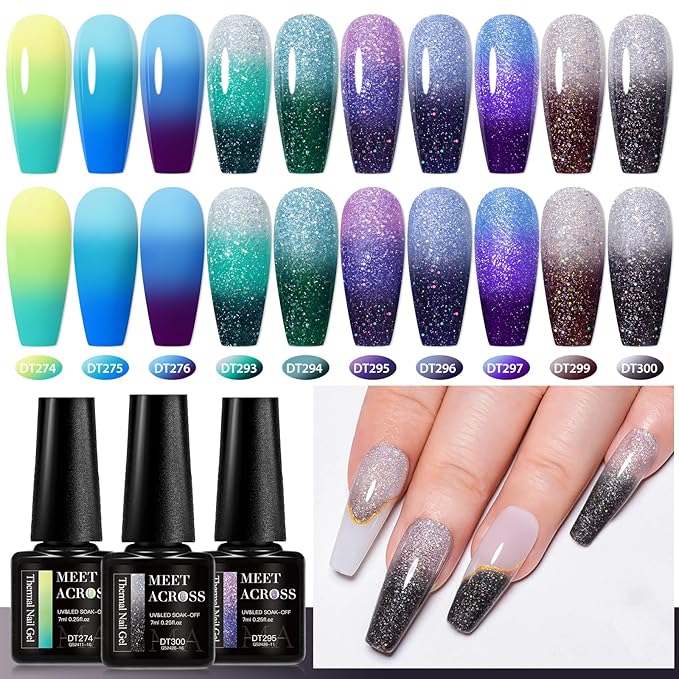 MEET ACROSS 12 PCS Color Changing Gel Nail Polish Kit Glitter Temperature Mood Changing Blue Purple Gray Color Changed Gel Soak Off Nail Art Design Kit Manicure at Home