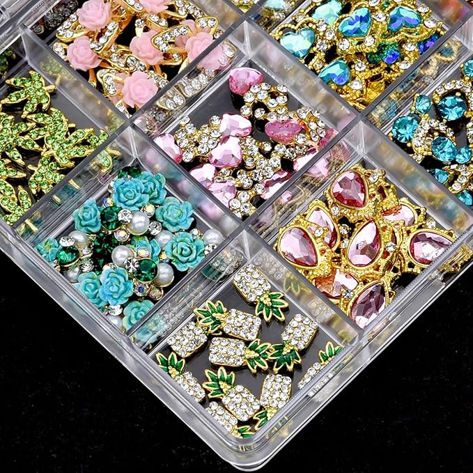 120PCS Y2k Nail Charms and Gems - Gold Red Nail Jewelry Cherry, Pink Heart Flower Butterfly Shiny Nail Rhinestone Pineapple,Nail Falls Charms Green Leaf for DIY Nail Art Design,Acrylic Nails Supplies