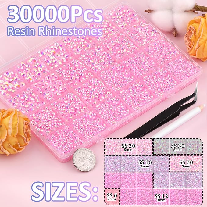 30000Pcs Light Pink AB Rhinestones for Bedazzling with B7000 Jewelry Glue, Bedazzler Kit Flatback Gems, Resin Rhinestones for Crafting Crafts Clothing Shoes Fabric Nail Art Assorted Size 2/3/4/5/6mm