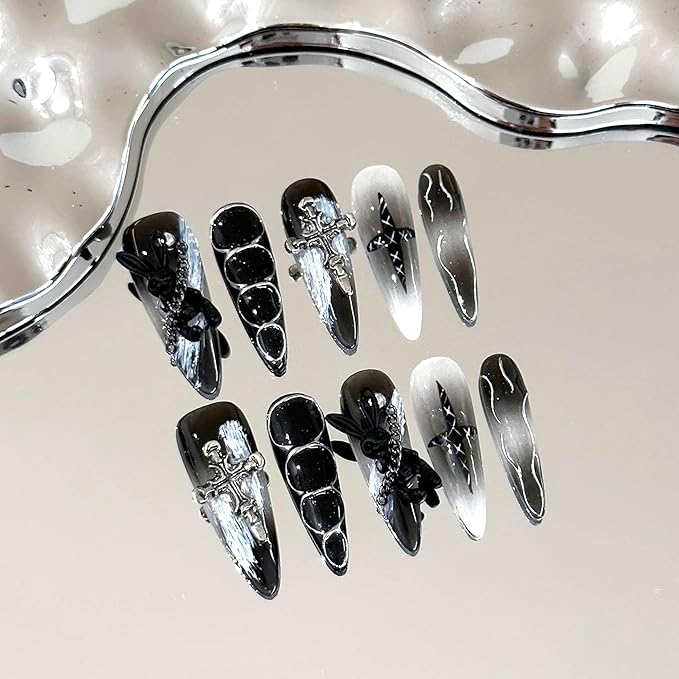 Gothic Press-On Nails, Long Stiletto Shape, Black with 3D Bunny and Cross Design, Handmade False Nail 10 Pieces (Medium, LS)