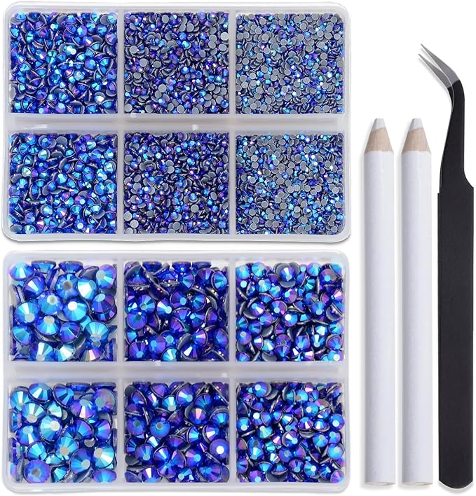 Bymitel Hotfix Crystal Rhinestones Round Gems for Crafts,Mixed 6 Sizes with Wax Pencil Kit, Sapphire AB 1.6-6.3mm SS4-SS30/8000pcs