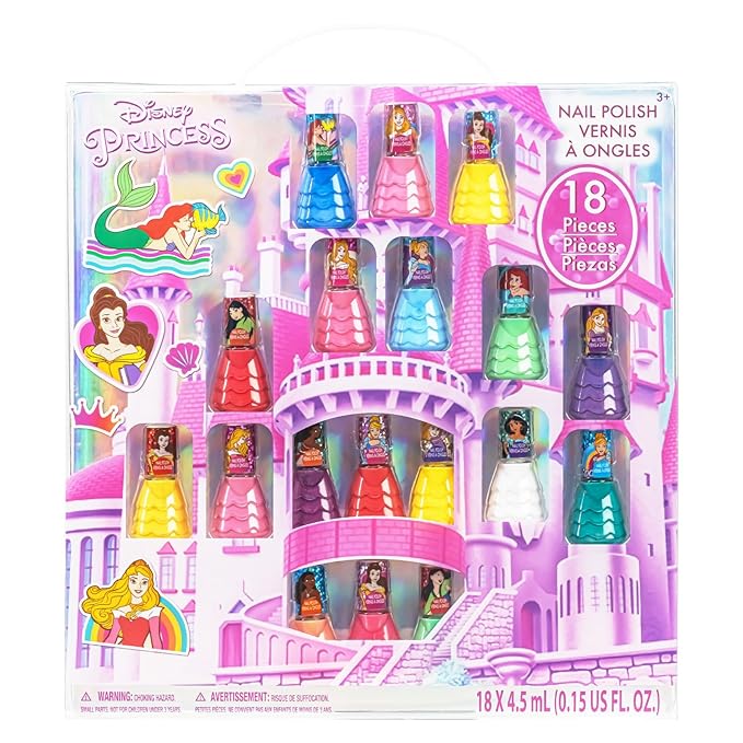 Townley Girl Disney Princess 18 Piece Water-Based Nail Polish Set, Quick Dry and Peels-Off, Nail Paint Set for Girls Ages 3
