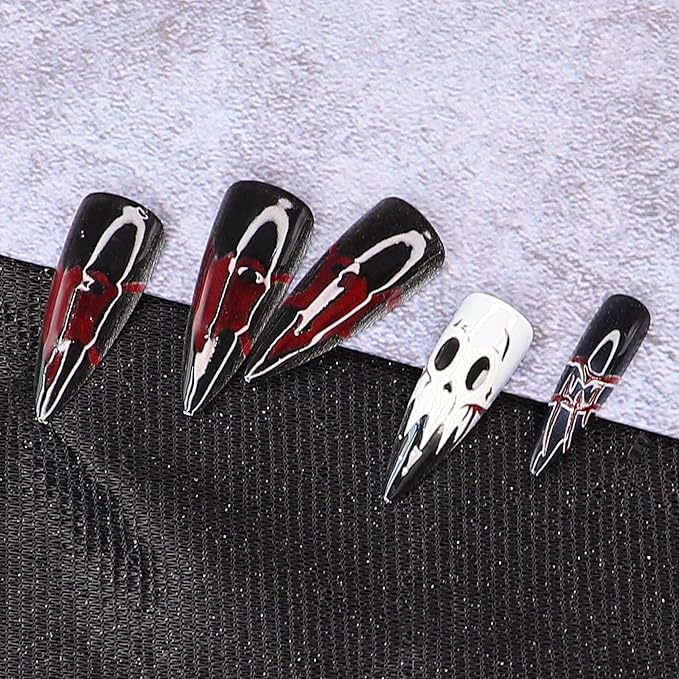 Long Stiletto Press on Nails - Halloween Fake Nails with White Skull & Demon Designs | 3D Acrylic Nail,Reusable | 12Size - 24Pcs with Jelly Glue,Halloween Decor