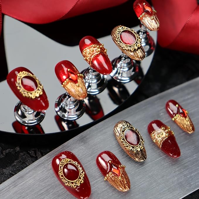 Red Press on Nails Retro Nail Art with Diamond Design Handmade Nails Press ons Gold Fake Nails Medium Almond Glue on Nail Reusable French Tip Stick on Nail for Women Girls Gorgeous Manicure (S)