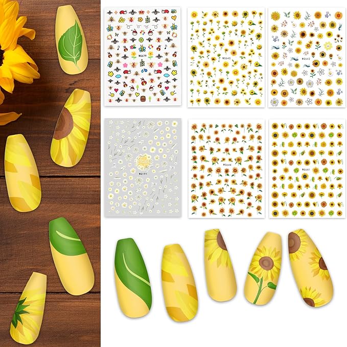 Whaline 18 Sheets Floral Butterfly Nail Art Stickers Daisy Flower Blossom Sunflower Bee Assorted Colorful Decorative Self-Adhesive Nail Decals for Spring Summer DIY Manicure Party Decor