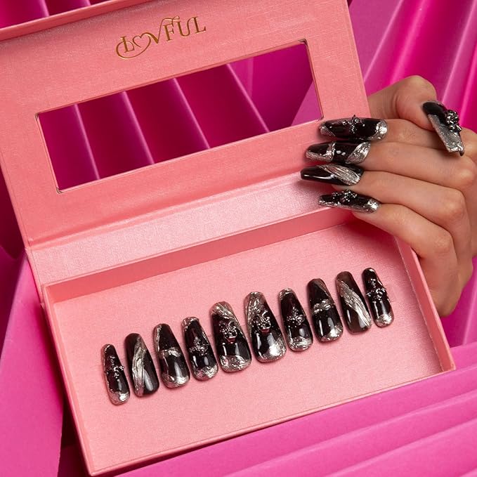 LOVFUL Press on Nails THE EDGE | Handmade with Full Covered Crystals | Reusable Full Cover Nails | Coffin Classic Regular 1.3 in | H283-L
