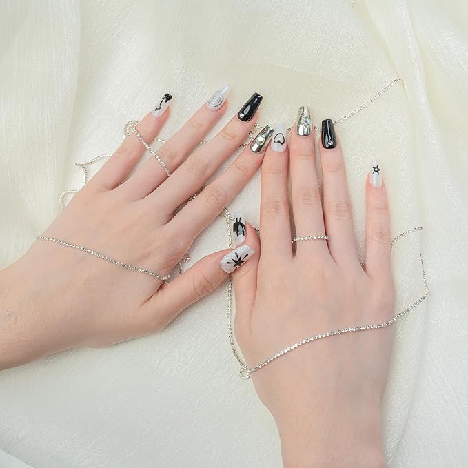 Sun&Beam Nails Handmade Press-on Medium Long Coffin Ballerina Black White Hand-Painted Rhinestone Kitten Design Fashion False Nail Tips 10 Pcs Set (#207 S)