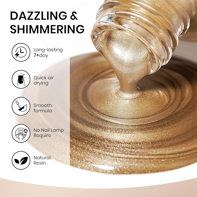 Champagne Mirror Nail Polish Quick Dry Metallic Nail Polish Non Gel High Glossy Nail Lacquer Air Dry Chrome Nails Polishes Oil-based Holo Fingernail and Toenail