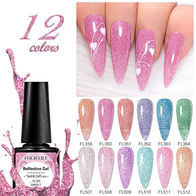 Reflective Glitter Gel Polish 12 Colors Sparkle Gel Nail Polish Set Diamond Shine Pink Purple Red Holographic Glitter Gel Soak off Uv LED Manicure Gifts for Women