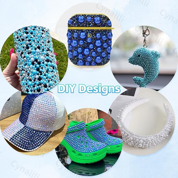 15 Grids Pearls and Resin Rhinestones for Crafting, Blue White Bedazzling Gems Kit, Jelly Resin Rhinestones for Nails Face Eyes Makeup Crafts Tumblers Bottles