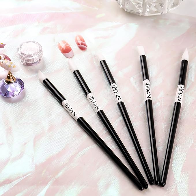 BQAN 5Pcs Nail Art Sculpture Pen, Silicone Nail Art Brushes for Gel, Acrylic Nails, Foil Carving, Drawing & Shaping, Nail Art Tools for Home Salon (Black)