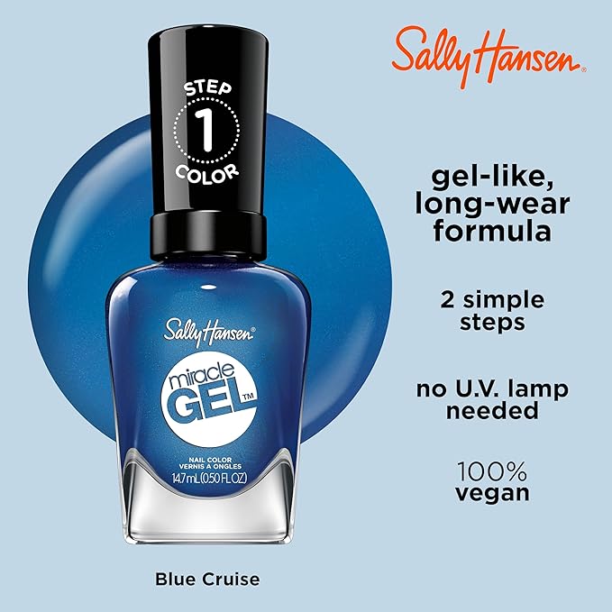 Sally Hansen Miracle Gel Salon Quality Nail Polish | Gel-Like Formula, Two-Step System, No UV Light Needed, Long Lasting | Semi-Opaque, Glossy | 646 Blues Cruise | Ocean Blue Nail Polish