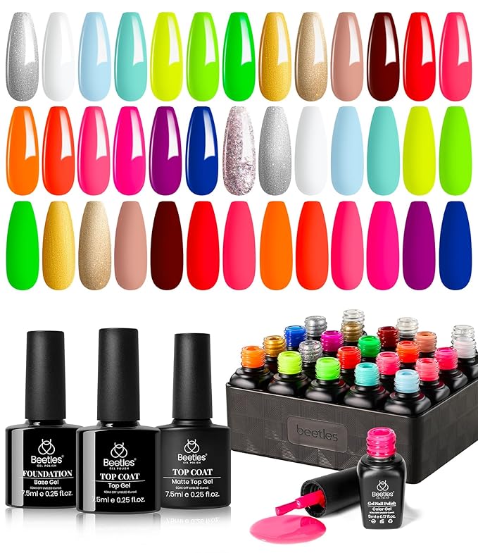 Beetles Spring Gel Nail Polish Set - 20 Colors Neon Gel Polish Kit with 3Pcs Base Top Coat Hot Pink Orange Blue Lemon Green Glitter Colors Soak Off UV Manicure Rainbow Nail Gift for Women