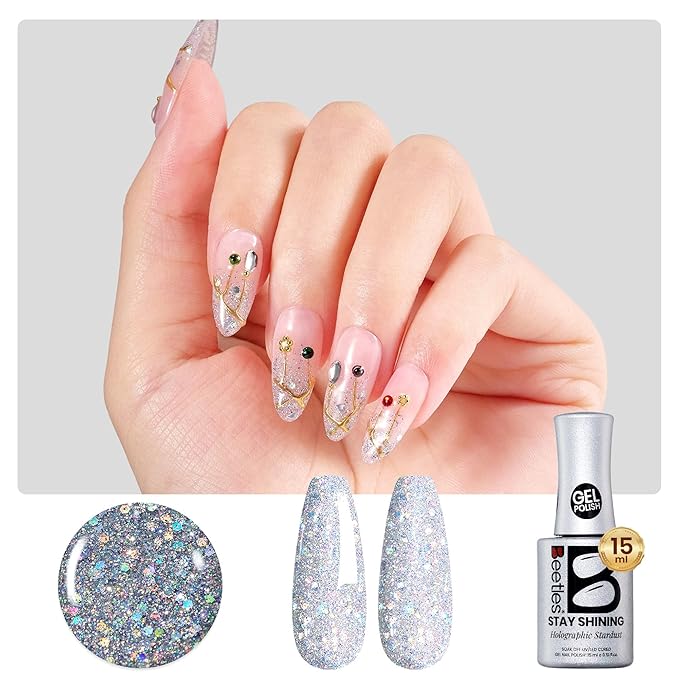 Beetles Glitter Gel Nail Polish - 15ml Stay Shining Holographic Stardust Gel Polish Diamond-Shine Silver Nail Art Uv Led Home Salon Long-Lasting Soak-Off Holographic Glitter Gel Gift for Women