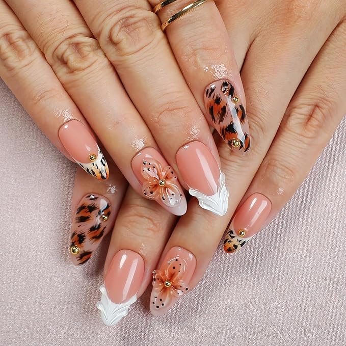 Handmade Press on Nails Medium Almond Fake Nails Leopard Print Gradient Design French False Nails Flower Handmade Reusable Nails for Women Decorations (Size M)