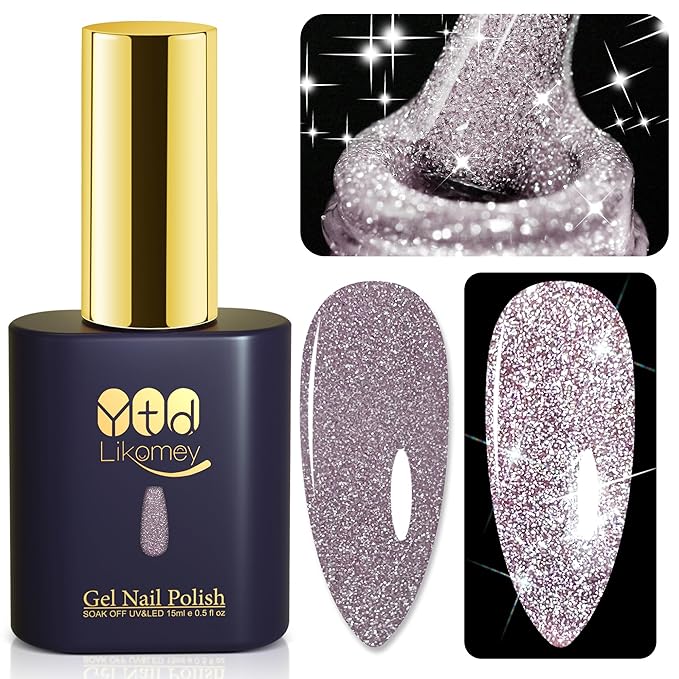 YTD Likomey Reflective Glitter Gel Nail Polish,15ml Light Pink Flash Diamond Shimmer Nails Gel,Sparkly Shiny Salon Home Nail Art Manicure UV Nail Gel,SZ008