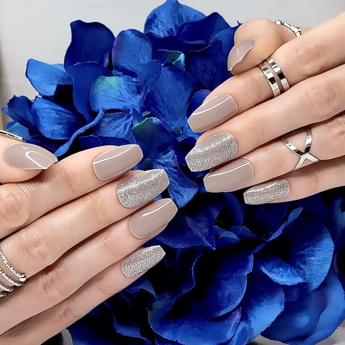 Hypnaughty 24 Pcs Beige Ballerina Press On Nails with Glue Medium Short Length Fake Nails with Glitter Design Glossy Acrylic Press On Nails Full Cover (Beige)