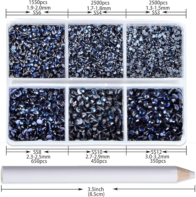 NCB Hotfix Iron on 8000pcs Crystal Rhinestones Round Gem for Crafts Decoration DIY Jewelry Making with a Picking Pen (Montana, 6Sizes SS3-SS12)