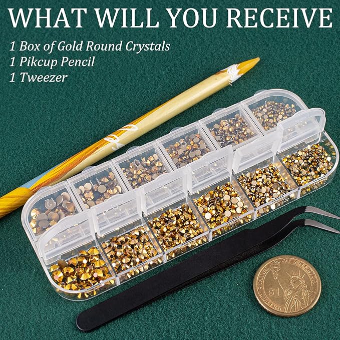 6 Sizes Gold Glass Crystal Kit with Pickup Pen + Tweezer Tools for Shine Nail Art Manicure Makeup DIY Decoration Flatback Round Rhinestone Gem Jewelry Diamond