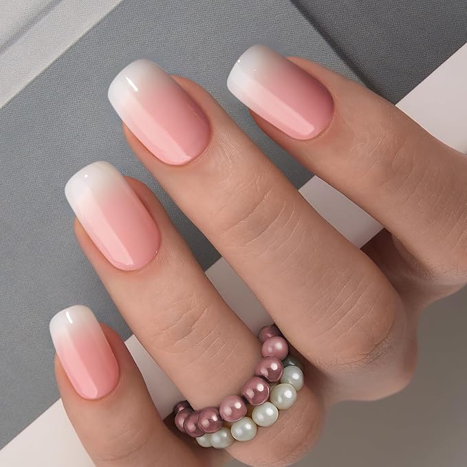 Curvlife Soft Gel Press on Nails Acrylic Fake Nails with Nude Ceramic Gradient Design Full Cover False Nails for Women Reusable Nail Kit
