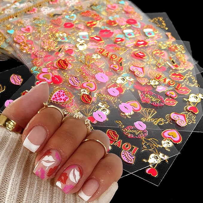 Lips Nail Stickers for Valentine's Day, 3D Gold Nail Decals Foils Nail Art Supplies Valentines Heart Red Lip Self-Adhesive Nail Design Metallic Nail Stickers for Women Girls DIY Nail Decoration 30 PCS