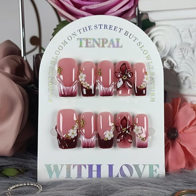 Sweet Cherry Red Press on Nails Medium Long Square - Sheer 3D Floral Pearl Embossed Glossy False Nails for Women Fall Winter Party-Acrylic Handmade French Tips Fake Nails for Makeup(M)