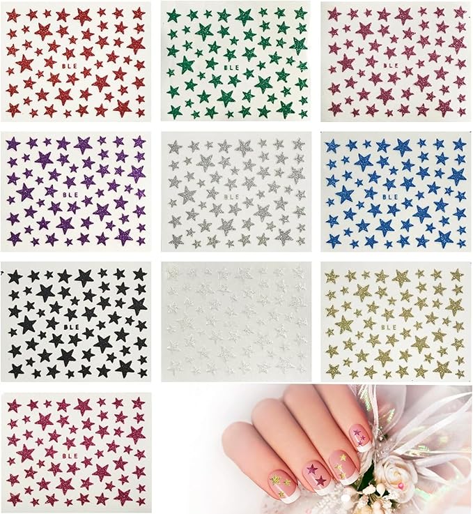 1000pcs 18 Sheets Star Nail Stickers Star Nail Decals Design Nail Supplies 3D Self-Adhesive Nail Colorful Slider Stars Love Stickers Glitter Decoration Heart Nail Stickers Decals for Women Manicure