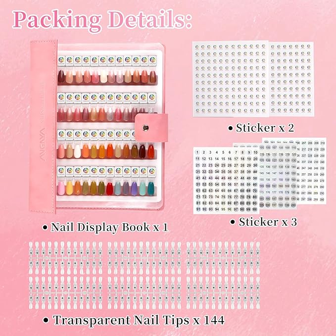 ANGNYA Magnetic Nail Swatch Book, 144 Nail Color Book Leather Nail Sample Display Book with144 Magnetic Tips & 1-240 Number Labels, Perfect for Professional Salon Nail Art Color Chart & Practice Stand