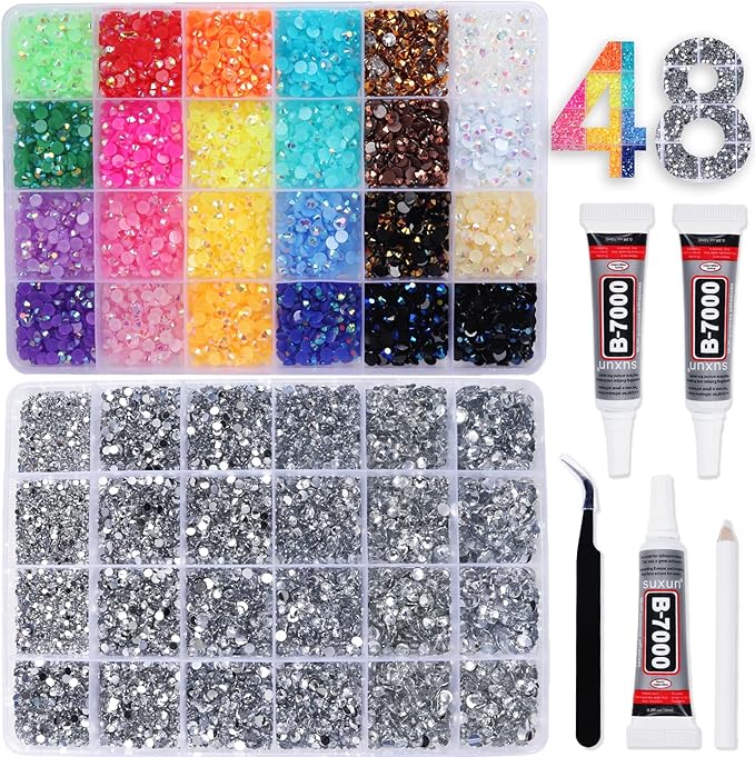 2 Boxes Rhinestones for Bedazzling Kits, Multicolor 5mm & Silver Clear 2/3/4/5/6mm Resin Flatback Gems for Diamond Art, Bedazzler Kit with 3Pcs 10ml B7000 Jewelry Glue for DIY Crafting Crafts Decor