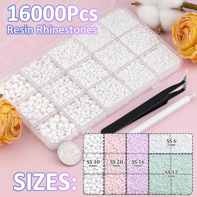 16000Pcs Resin Rhinestones with Tweezers for Crafting, White 2-6mm Mixed Sizes Bedazzling Crystal with 3Pcs 10ml B7000 Jewelry Glue for DIY Crafts Clothing Tumblers Shoes Fabric Nail Art