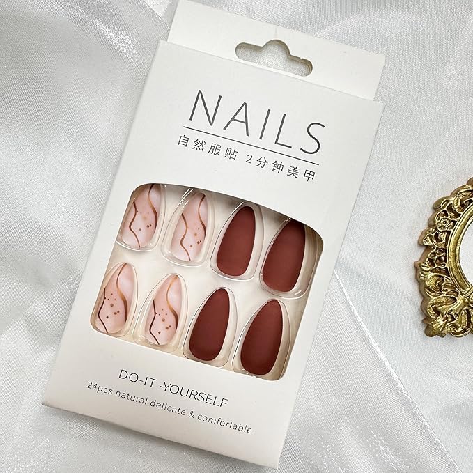 Almond Press on Nails Medium Fake Nails Matt Brown False Nails Press ons Acrylic Glue on Nails Reddish Brown Full Cover Artificial Stick on Nail for Women Nail Decorations 24Pcs