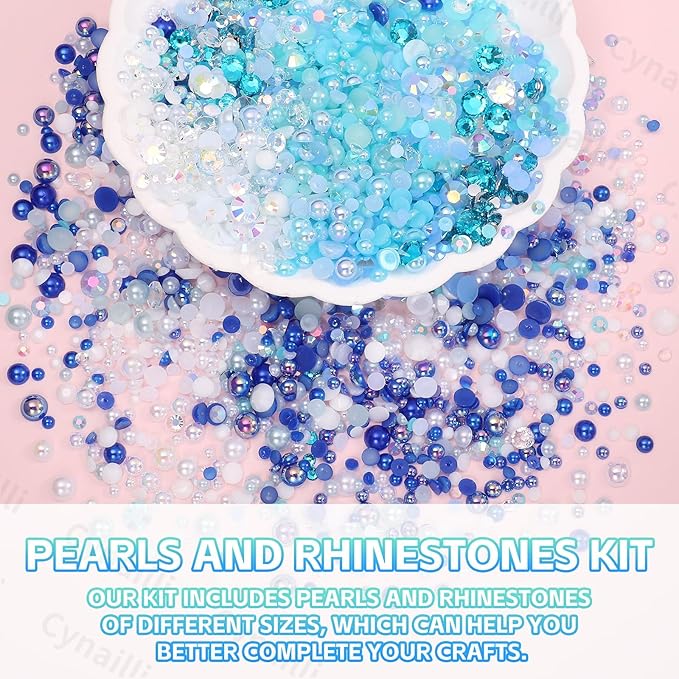 15 Grids Pearls and Resin Rhinestones for Crafting, Blue White Bedazzling Gems Kit, Jelly Resin Rhinestones for Nails Face Eyes Makeup Crafts Tumblers Bottles