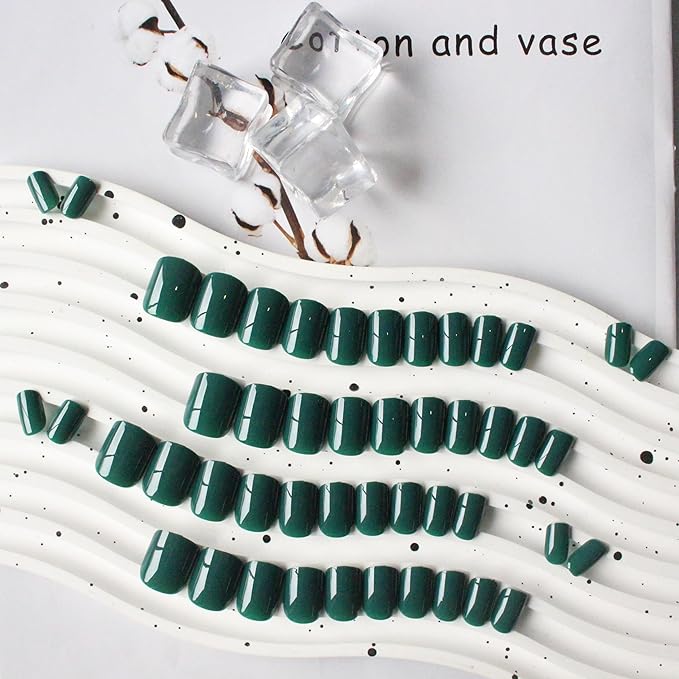 Dark Green Press On Nails - Short Square Natural Gel Nails Glue On Acrylic Press Ons Emerald 48Pcs Thick Reusable Fake Nails for Women Coffin Artificial Solid Color Square Nails