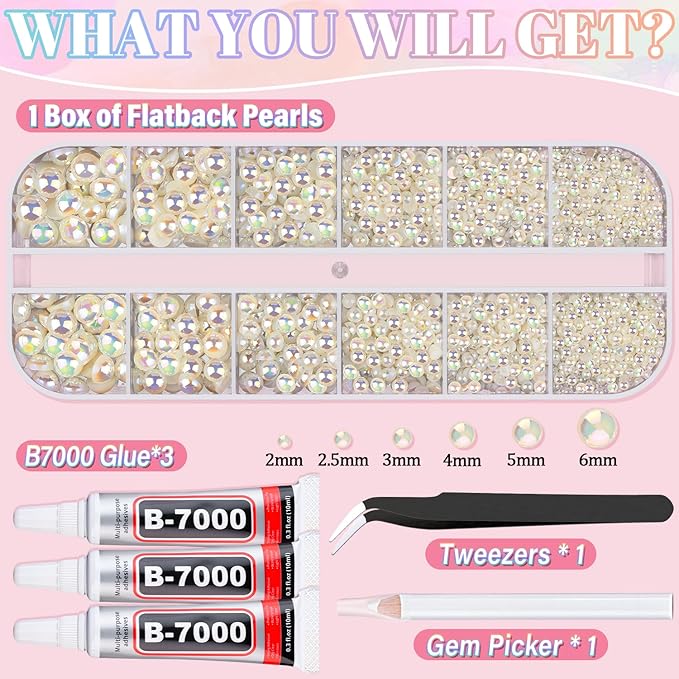 Flatback Pearls for Crafting with 3Pcs 10ml B7000 Jewelry Glue, 1 Box of Half Round Beige AB Pearls, Bedazzling Beads for DIY Crafts Clothing Shoes Tumblers Nail Art