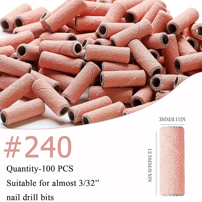 100pcs Nail Drill Bits Small Sanding Bands with 3.1mm Mandrel Bit, 240 Extra Fine Grit Nail File Sanding Bands for Acrylic Nails Gel Removing Shaping Manicures and Pedicure (Pink, 240 Grit)