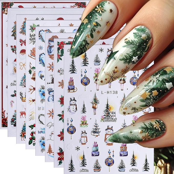8Pcs Christmas Nail Art Stickers Decals Snowman Christmas Tree Snowflake Nail Design Stickers Winter Xmas Nail Art Supplies Cute Santa Claus Nail Decals for Women Holiday DIY Manicure Decor