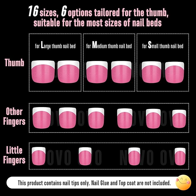 NOVO OVO Extra Short White French Tip Nail Tips, XS XXS Square Round ROSE PINK, for Wide & Short Nail Beds, Thick Full Cover Press on for Women Men, Soft Gel Acrylic Extension kit, 16 Sizes x 224pcs