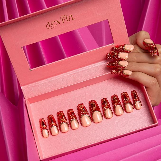 LOVFUL Press on Nails Flamingo | Handmade with Full Covered Crystals | Reusable Full Cover Nails | Coffin Classic Regular 1.3 in | H37-S