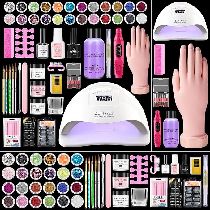 Acrylic Nail Kit for Beginners: Monomer Acrylic Nail Liquid Powder with Practice Hand U V Light Drill French Tips for Nail Starters with Everything Home Salon Gift Set (White)
