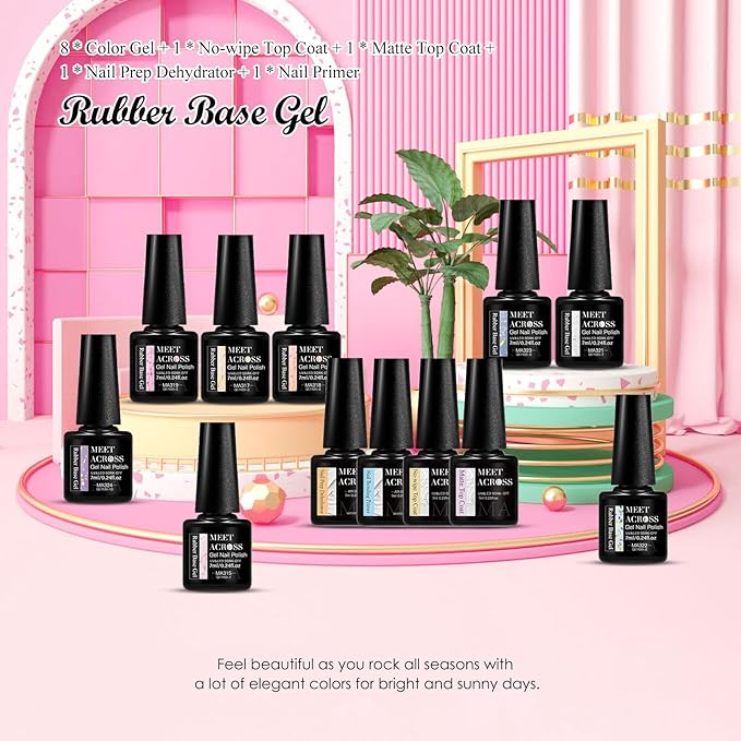 MEET ACROSS Rubber Base Gel Polish, 12pcs*7ml Builder Gel Gold Foil Pink Red Purple Blue Silver Foil White in a Bottle UV Gel Polish Kit, Structure Quick Extension Gel