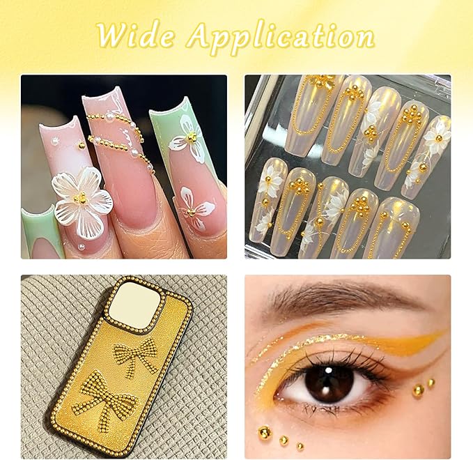 Gold & Silver Nail Caviar Beads, Mixed Size Half-Round Metal Nail Beads for Nail Art, Flatback Alloy Nail Decorations with Tweezers, Manicure Accessories, Balines para Uñas