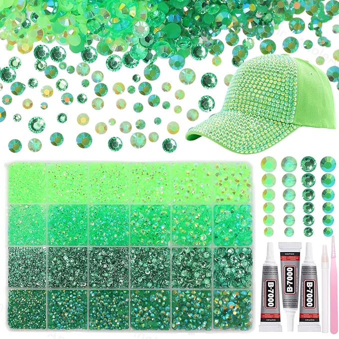 26000PCS Green Resin Flatback Rhinestones for Crafting, Resin Rhinestones for Bedazzling Kit, 2/3/4/5/6mm Flatback Gems Jewels for DIY Mugs Tumblers Clothing Shoes Nail Art